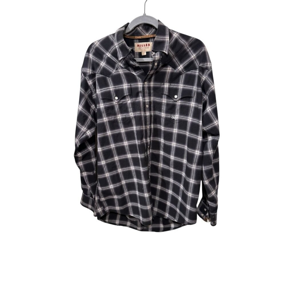 Miller Ranch Mens Western Black & White Plaid Snap-Front Long Sleeve Shirt large